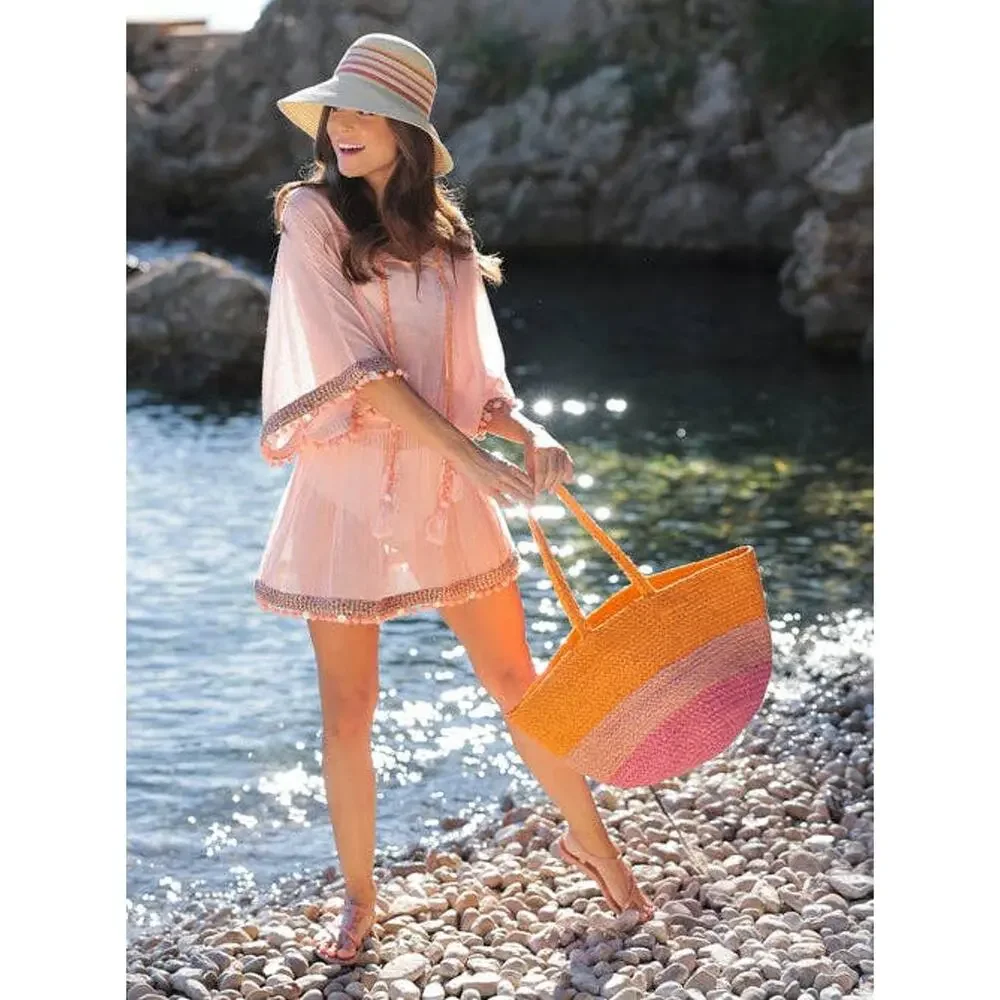 Shiraleah Colorblock Jute Resort Tote Pink Orange Beach Bag NWT